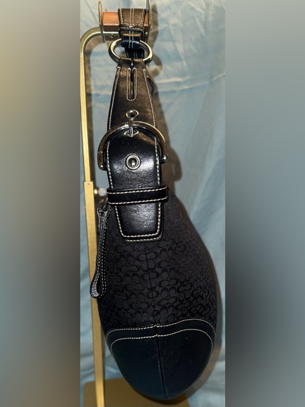 Coach Black Signature Mini C’s Jacquard Hobo with Leather Trim & White Stitching - Picture 4 of 15
